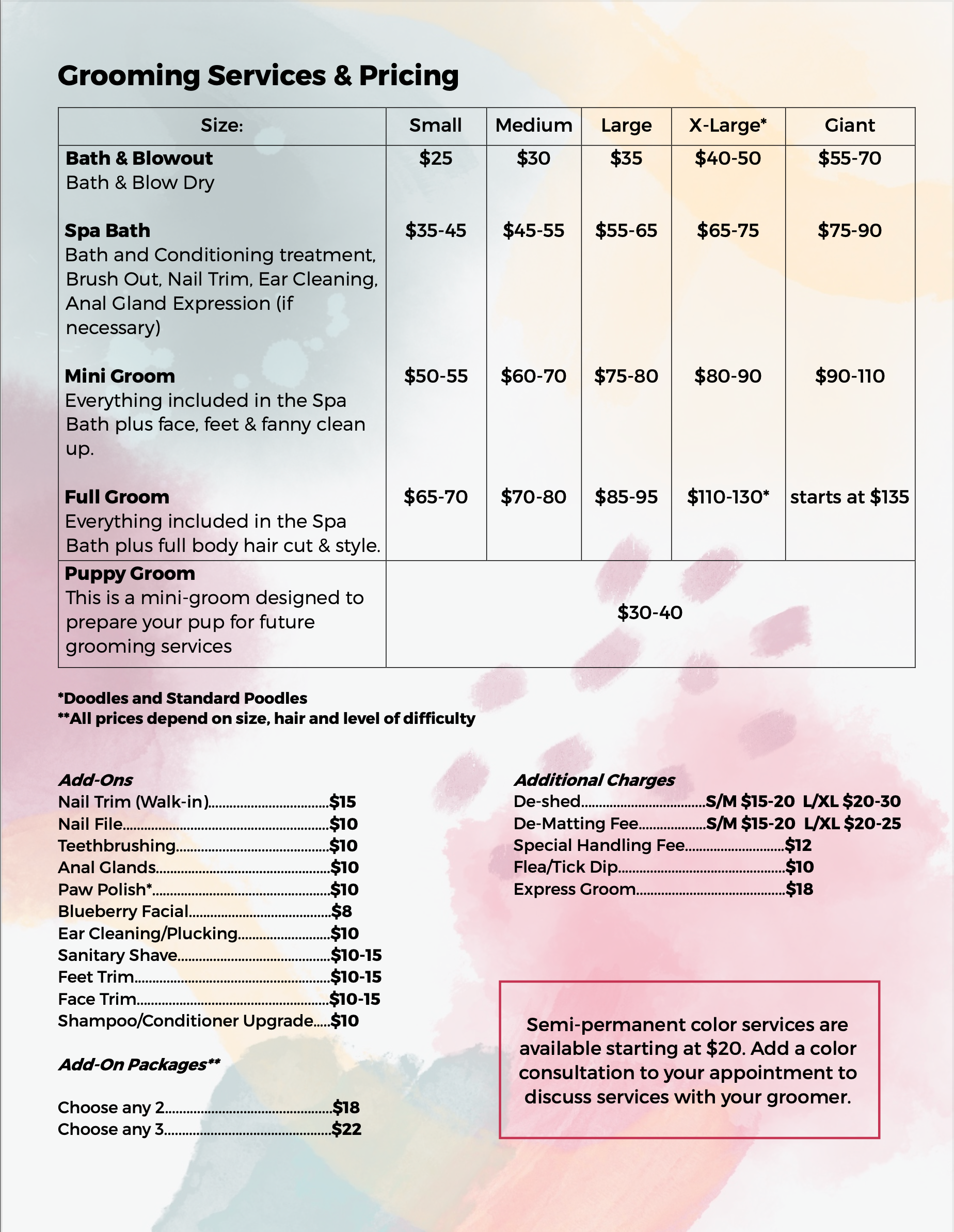 Pet grooming deals services price list